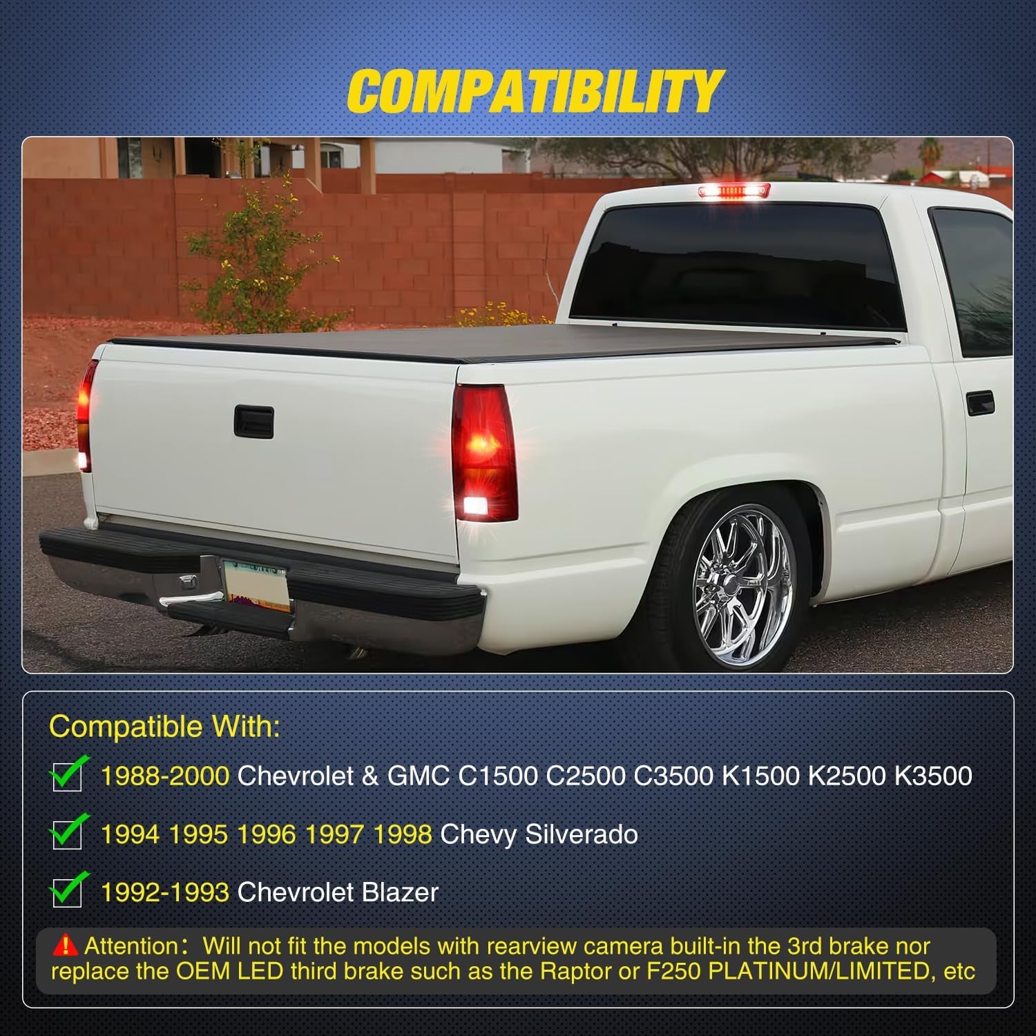 Third Brake Light Tail High Mount 3Rd Stop Cargo Reverse Lights Red Lens Compatible with Chevy GMC C/K Series 1500 2500 3500 1988-2000 Chevrolet Blazer 1992 1993 Chevy Silverado 1994-1998