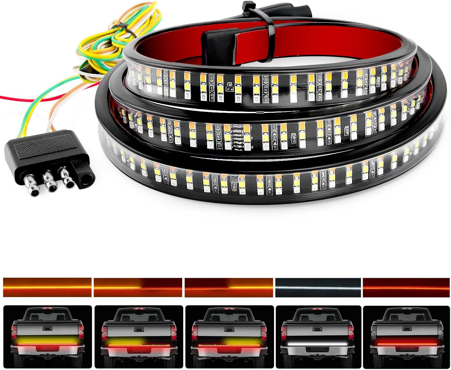 TR-03 60" Triple 504 Leds Truck Tailgate Side Bed Light Bar Strip Sequential Amber Brake Running Turn Signal Red/White Reverse