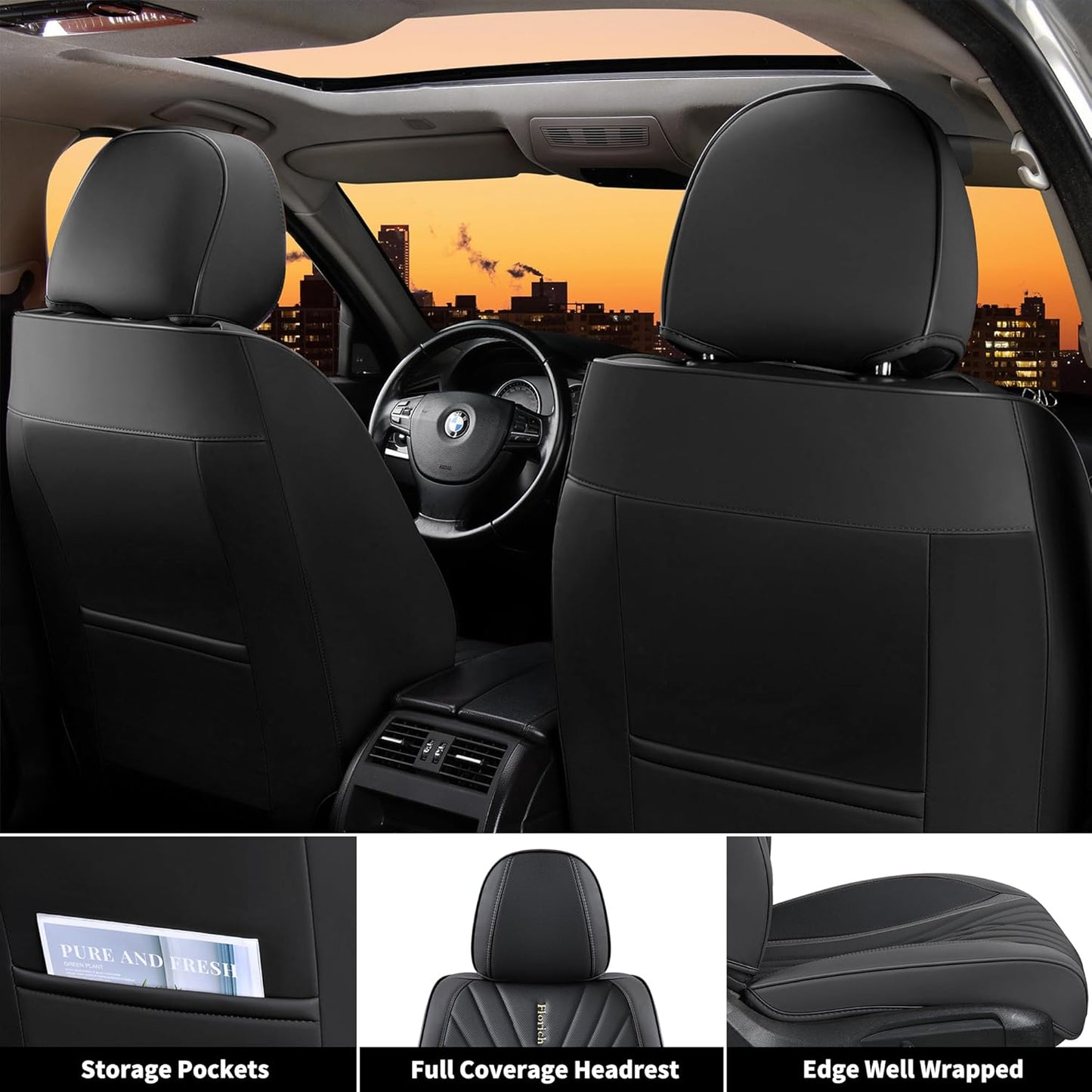 Universal Leather Car Seat Protector, 5-Seat Set, Black Automotive Accessories for Sedan SUV Pick-Up Truck