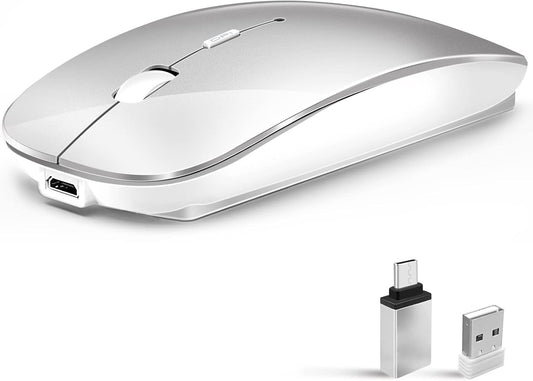 Wireless Mouse for Laptop, Bluetooth Mouse for MacBook Pro/Air/Mac/iPad/Chromebook/Computer -Rechargeale Dual Mode(USB 2.4Ghz + Bluetooth 5.2) Silent Cordless Mice with USB C Adapter,Silver