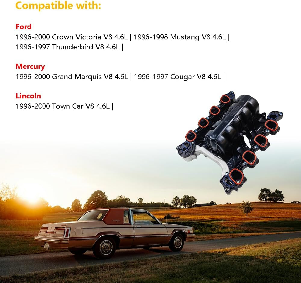 Upper Intake Manifold W/Gasket Thermostat Kit | Fit for Ford Crown Victoria Mustang Thunderbird, Mercury Grand Marquis Cougar, Lincoln Town Car V8 4.6L | OE# F6SZ9424AA F8AZ9424AAA F8AZ9424BC 615-178