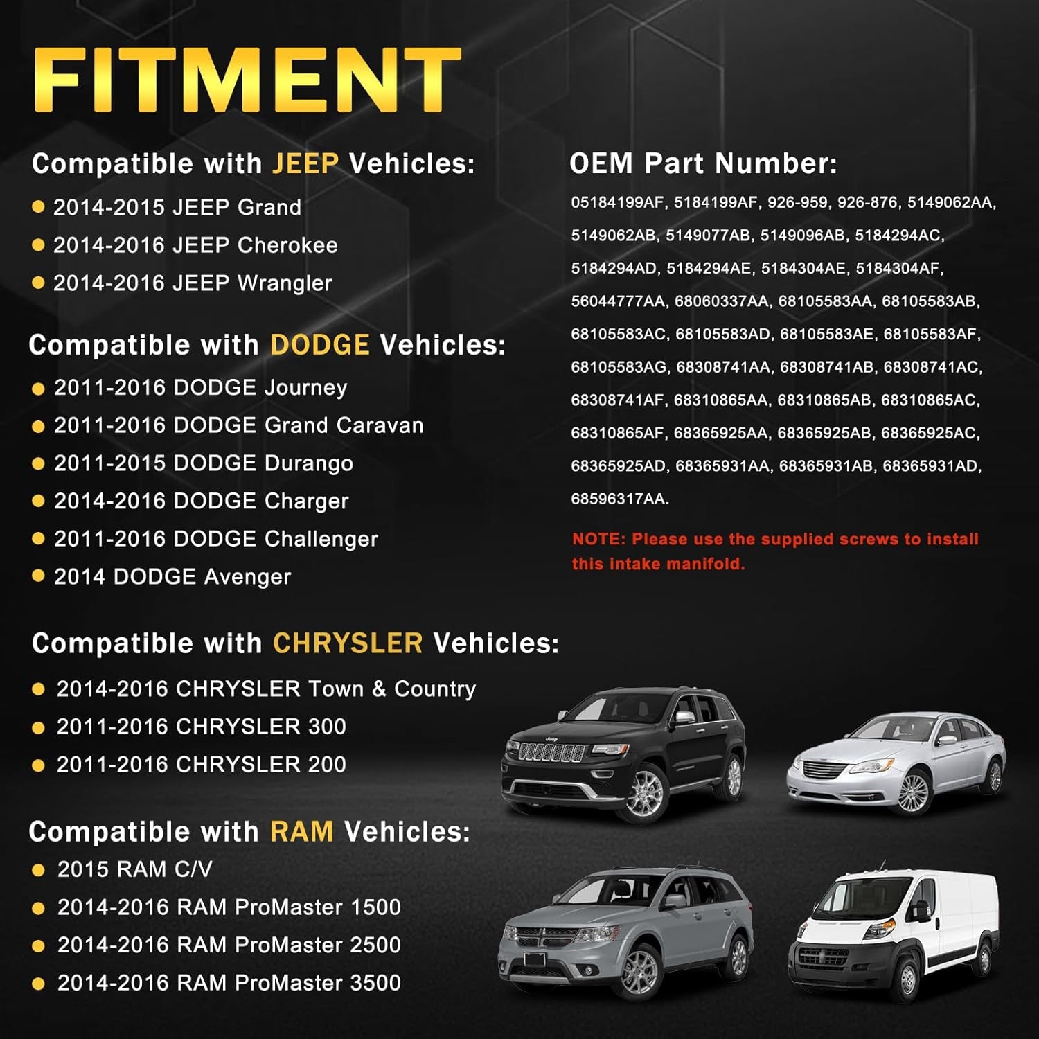 Upgraded Full Aluminum Engine Lower Intake Manifold with Gasket ＆ Engine Oil Filter Housing with Oil Cooler Sensors and Gaskets Compatible with Dodge Charger Challenger Journey Jeep Wrangler