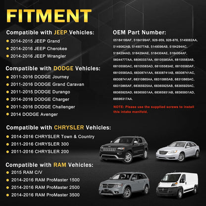 Upgraded Full Aluminum Engine Lower Intake Manifold with Gasket ＆ Engine Oil Filter Housing with Oil Cooler Sensors and Gaskets Compatible with Dodge Charger Challenger Journey Jeep Wrangler
