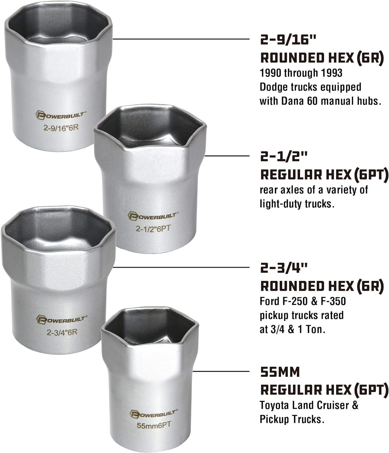 Wheel Bearing Locknut Socket Set, 7 Piece Remover Tool Kit, Rounded and Regular Hex, Wheel Bearing Tools, Storage Case - 648642, Silver