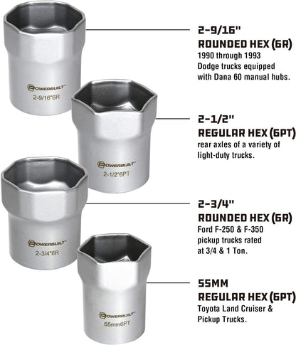 Wheel Bearing Locknut Socket Set, 7 Piece Remover Tool Kit, Rounded and Regular Hex, Wheel Bearing Tools, Storage Case - 648642, Silver