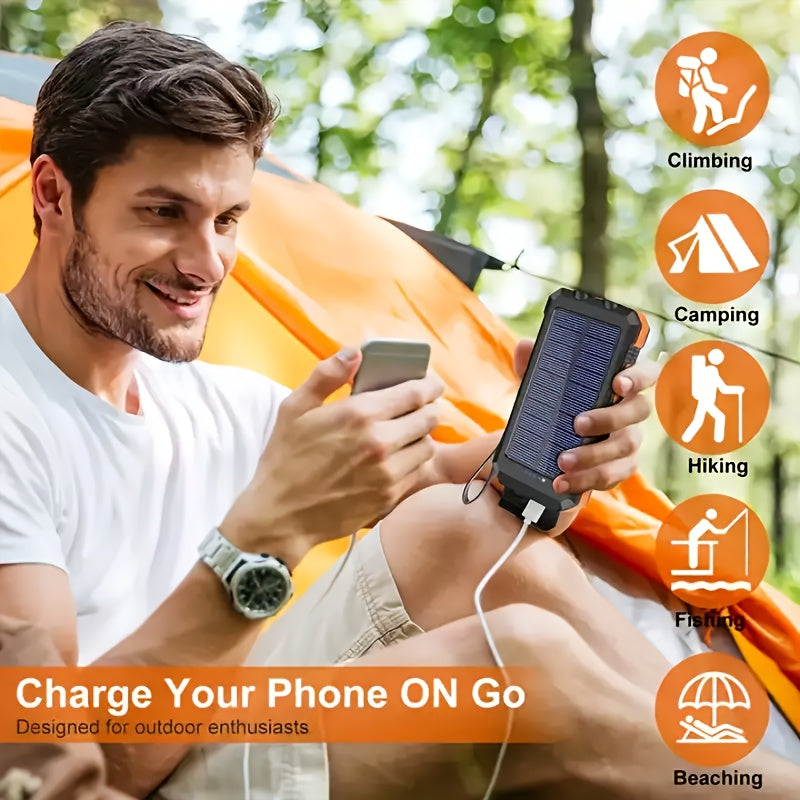 20000mAh Solar Powered Power Bank with Flashlight/USB/Type-C/Micro-Interface/G Compass, Suitable for Mobile Digital Electronics Devices, Durable and Long-lasting, Travel Camping, LED Flashlight, Climbing Buckle. Portable Sola