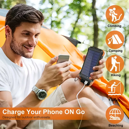 20000mAh Solar Powered Power Bank with Flashlight/USB/Type-C/Micro-Interface/G Compass, Suitable for Mobile Digital Electronics Devices, Durable and Long-lasting, Travel Camping, LED Flashlight, Climbing Buckle. Portable Sola