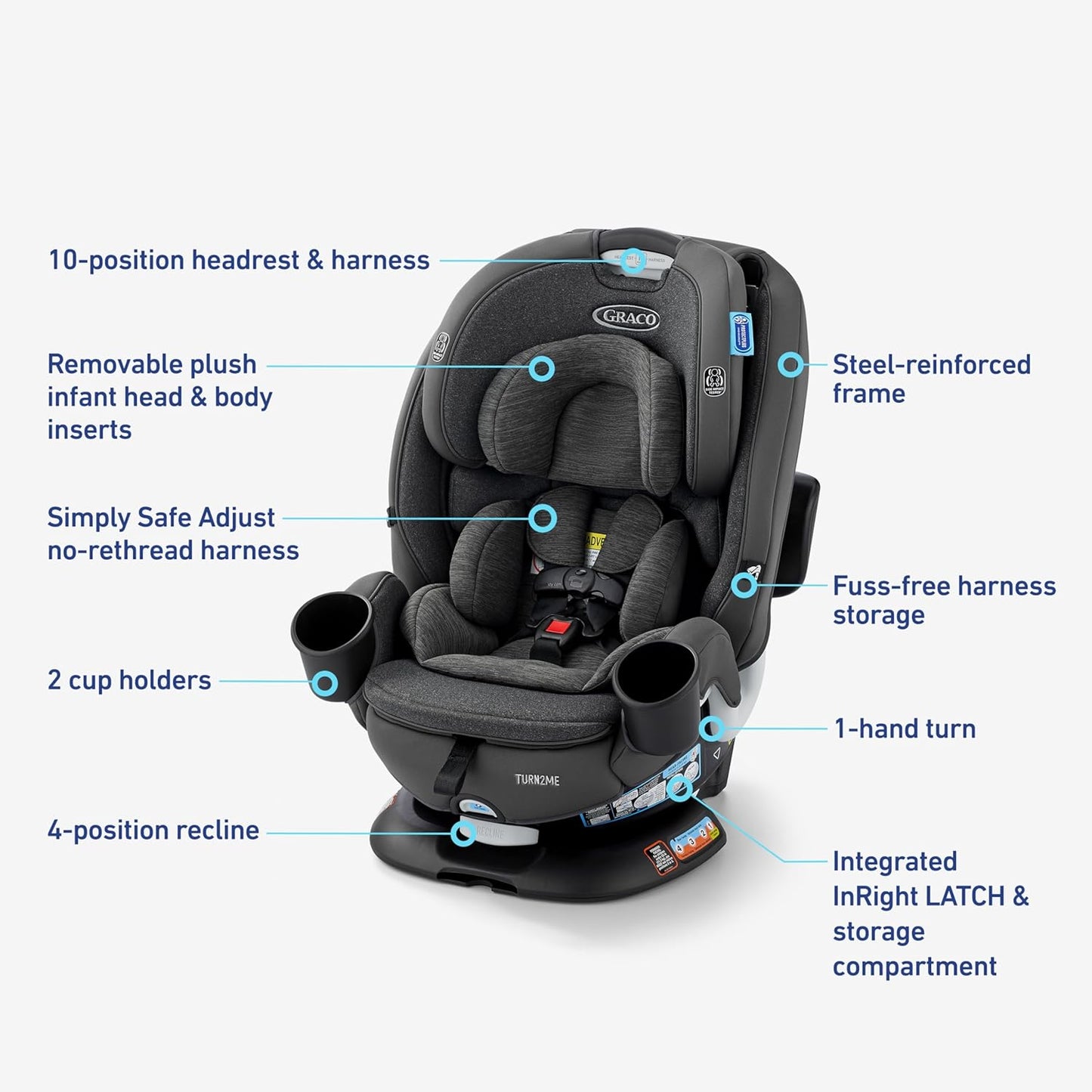 Turn2Me 3-In-1 Rotating Convertible Car Seat, Brighton, Rear-Facing Rotation, Forward-Facing Mode, Highback Booster up to 100 Lbs, Adjustable Headrest & Harness, Steel Reinforced Frame