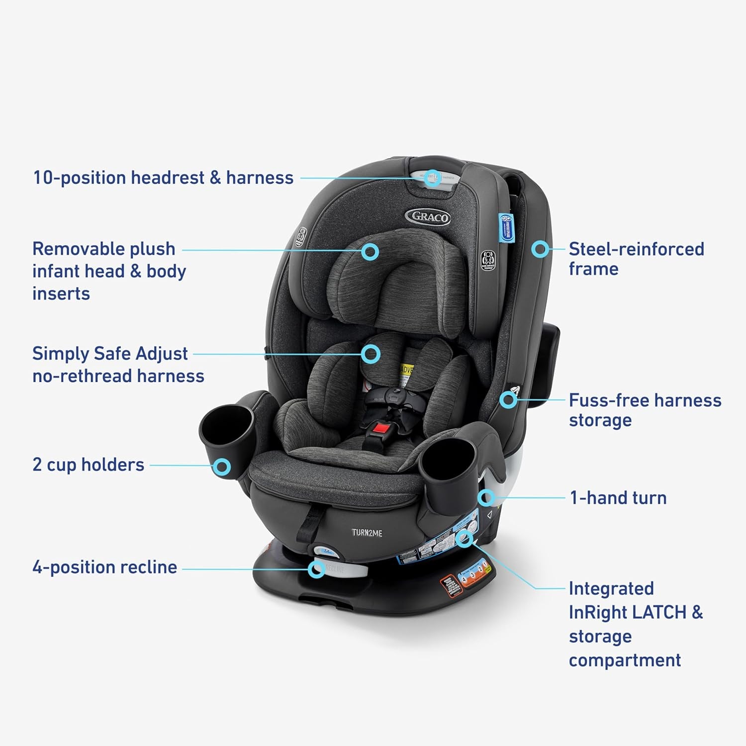 Turn2Me 3-In-1 Rotating Convertible Car Seat, Brighton, Rear-Facing Rotation, Forward-Facing Mode, Highback Booster up to 100 Lbs, Adjustable Headrest & Harness, Steel Reinforced Frame