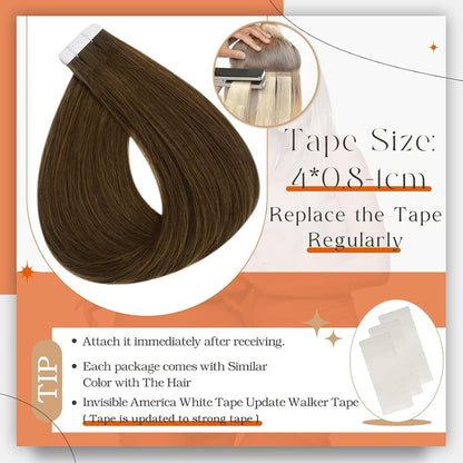 16 Inch Tape in Human Hair Extensions Medium Brown Color 4 Invisible Tape in Hai