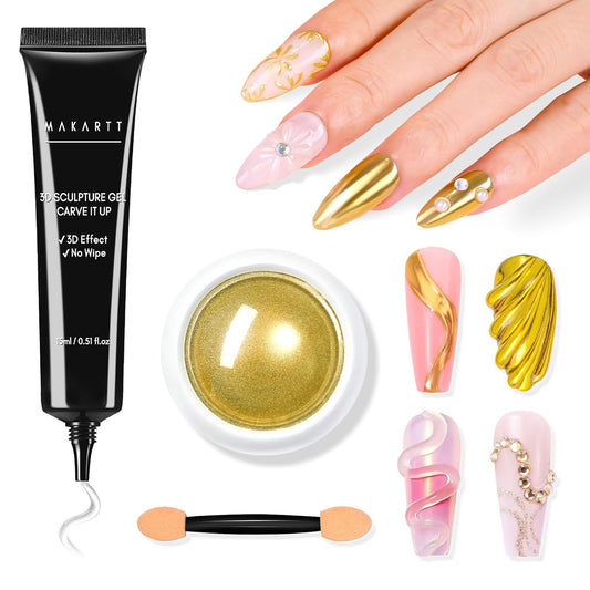 3D Gel Nail Art with Gold Chrome Nail Powder Kit: Clear Molding Gel for Nail Art