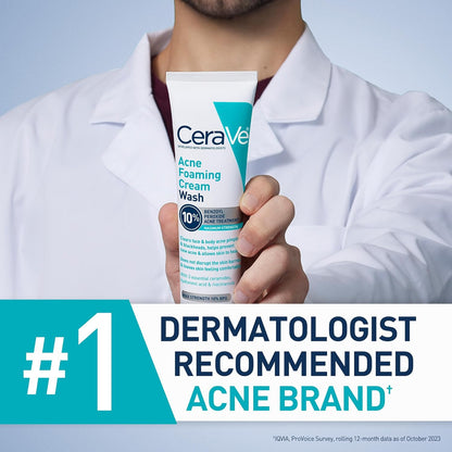 Acne Foaming Cream Wash, Gentle Face and Body Cleanser with Benzoyl Peroxide 10%