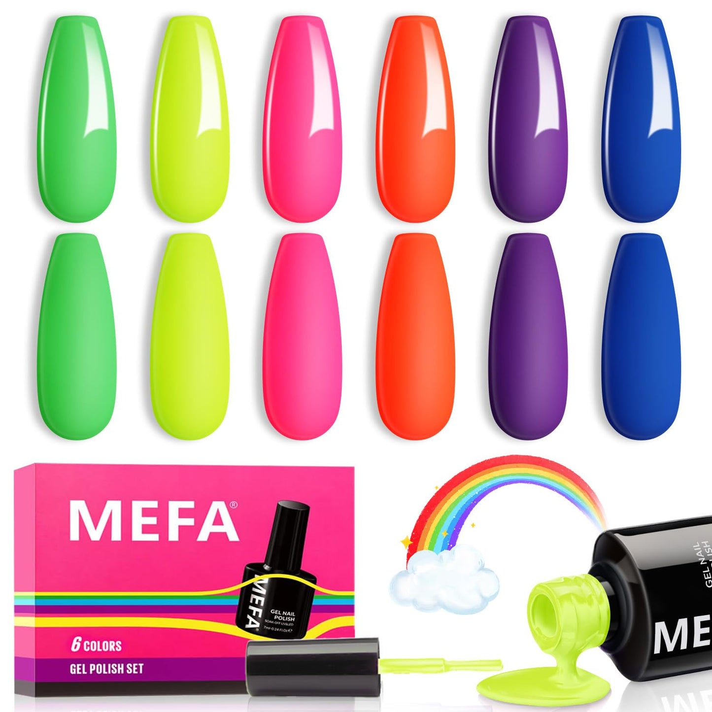 Neon Gel Nail Polish Set 6 Colors, Summer Neon Green Lime Yellow Pink Navy Blue
