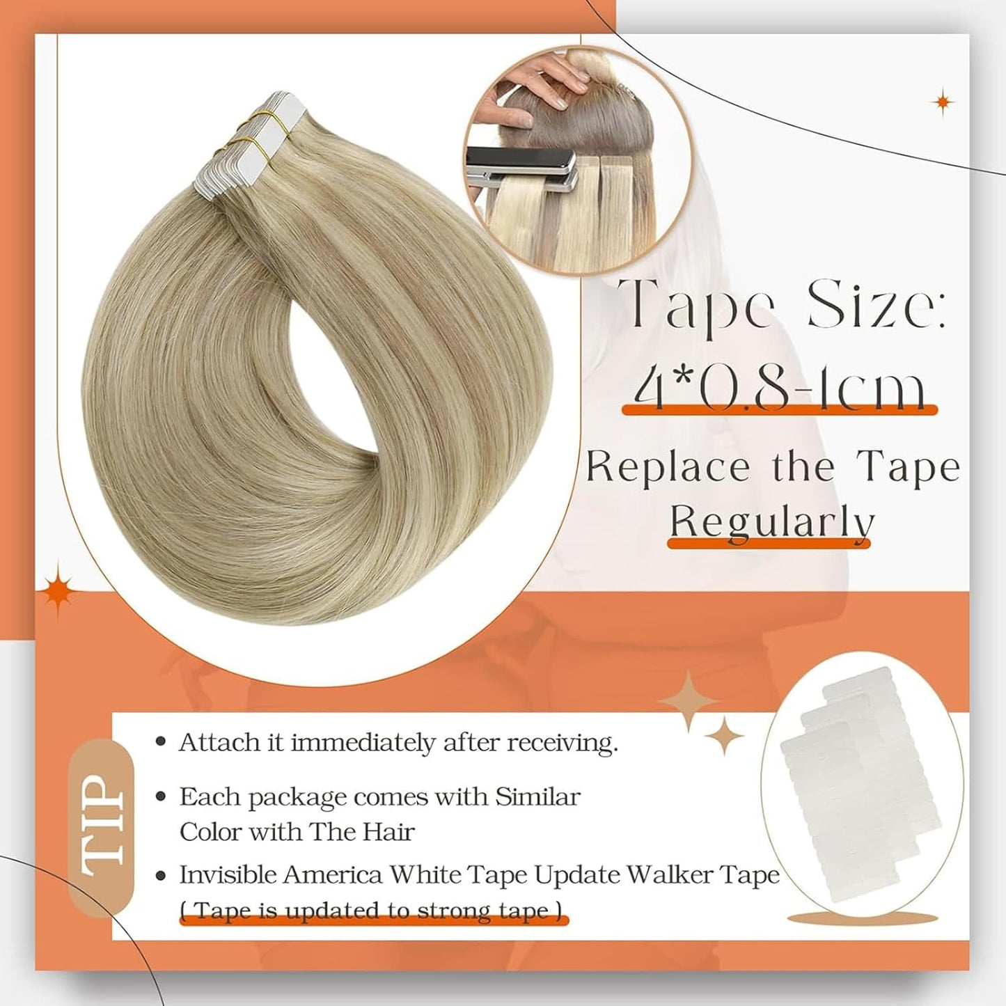 Tape in Hair Extensions 24 Inch Double Sided Tapes Color 16 Highlighted 22 Blond