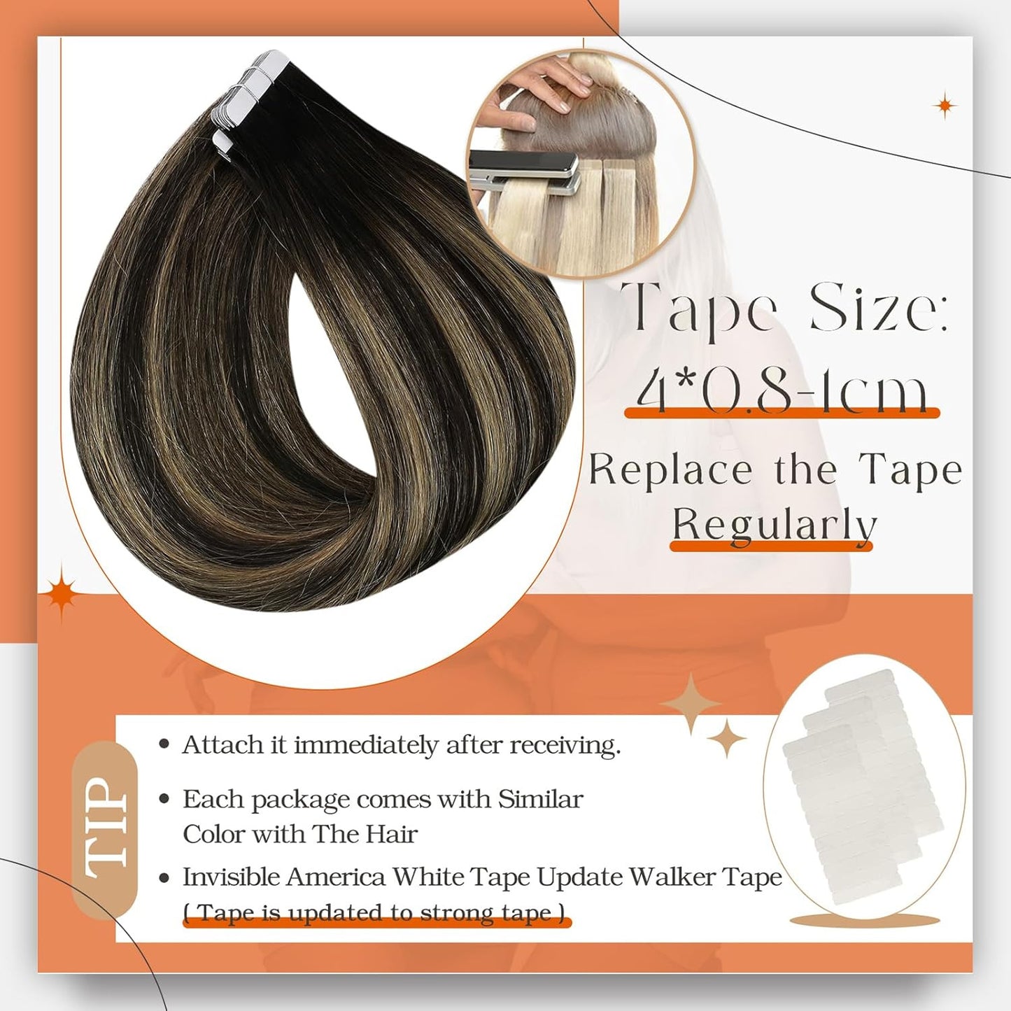 Tape Ins Human Hair Extensions Balayage Tape in Hair Extensions 16Inch Seamless