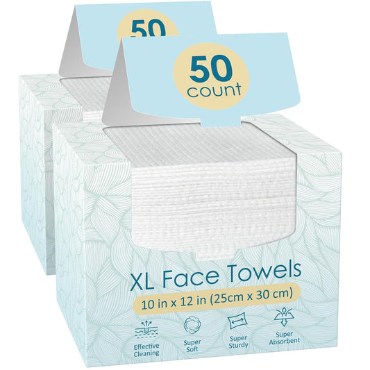 100 Count (2 Box) XL Disposable Face Towels 10” X 12”, 100% Viscose Fibre, Soft