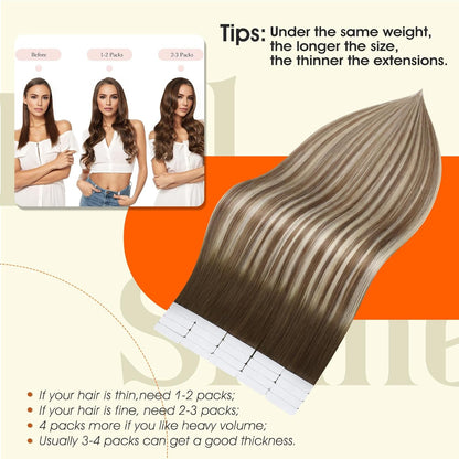 20Inch Tape in Real Human Hair Balayage Color 3 Ombre 8 Highlighted 22 Medium Bl