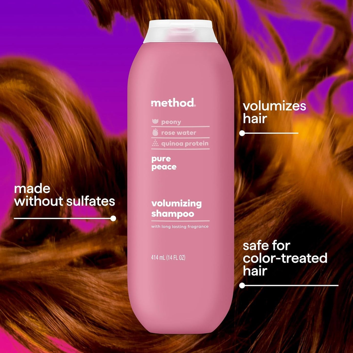 Volumizing Shampoo, Pure Peace with Rose, Peony, and Pink Sea Salt Scent Notes,