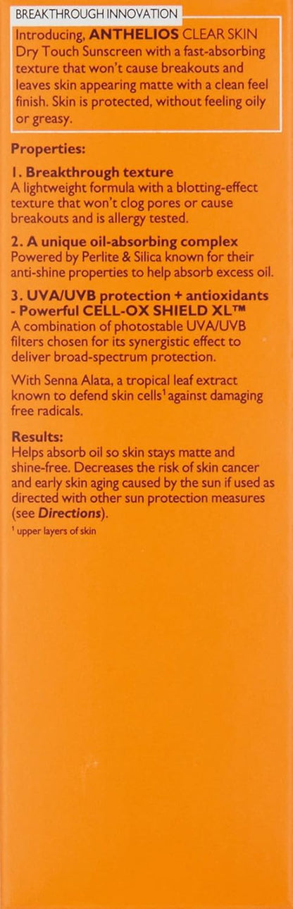Anthelios Clear Skin Sunscreen Dry Touch SPF 60, Oil Free Sunscreen for Face, Oi