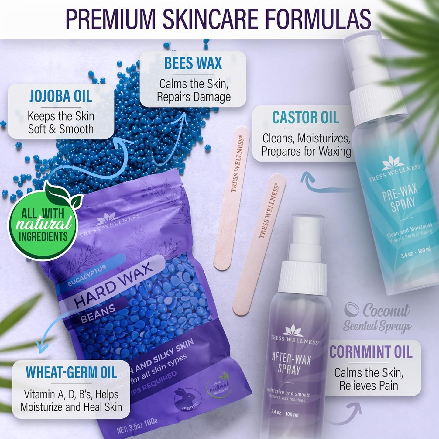 Waxing Kit for Sensitive Skin, Safe for Face & Skin, Prep & Aftercare Spray, Eas