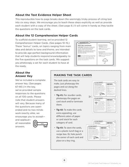 100 Task Cards: Text Evidence: Reproducible Mini-Passages with Key Questions to