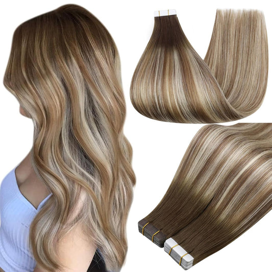Tape in Real Hair Extensions 18Inch Color 3 Fading to 8 Highlighted 22 Blonde Ba