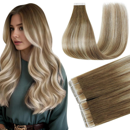 Tape in Human Hair Extensions Color 3/8/22 Brown and Blonde Tape in Hair Extensi