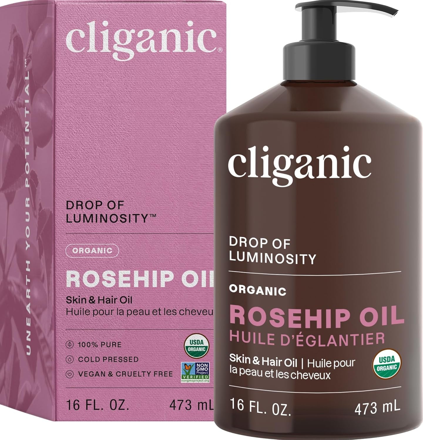 Organic Rosehip Seed Oil 16Oz with Pump for Face, Hair & Body, 100% Pure (Packag