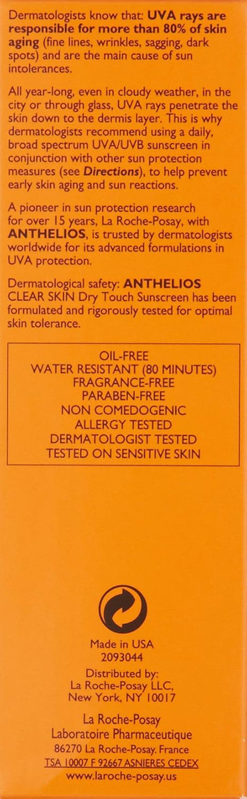 Anthelios Clear Skin Sunscreen Dry Touch SPF 60, Oil Free Sunscreen for Face, Oi