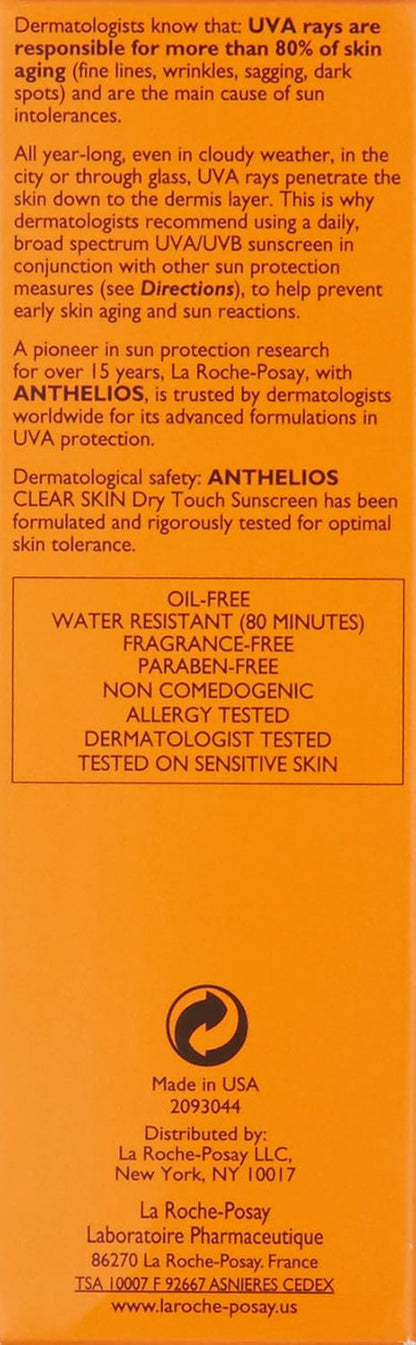 Anthelios Clear Skin Sunscreen Dry Touch SPF 60, Oil Free Sunscreen for Face, Oi