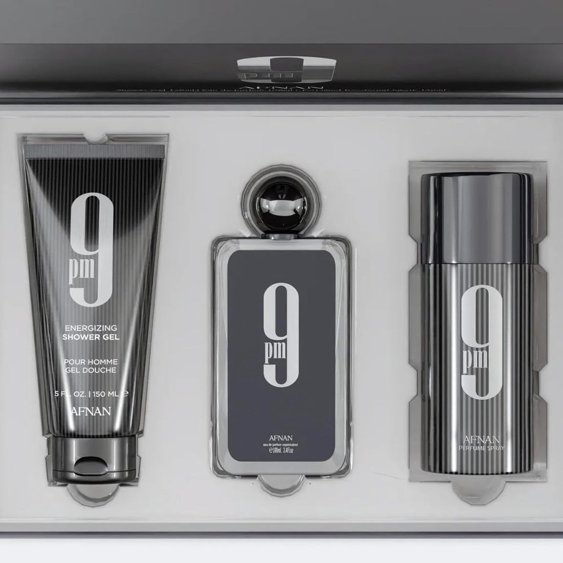 9 Pm 3 Piece Set for Men, (3.4 Oz De Parfum Eau De Parfum Spray + 5.0 Oz Shower