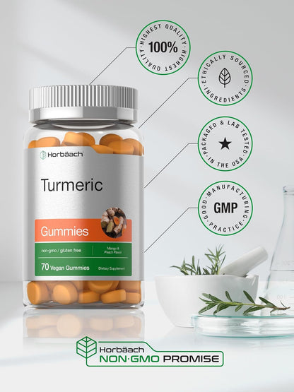 Turmeric Gummies | 70 Count | Mango & Peach Flavor | Turmeric Curcumin with Ging