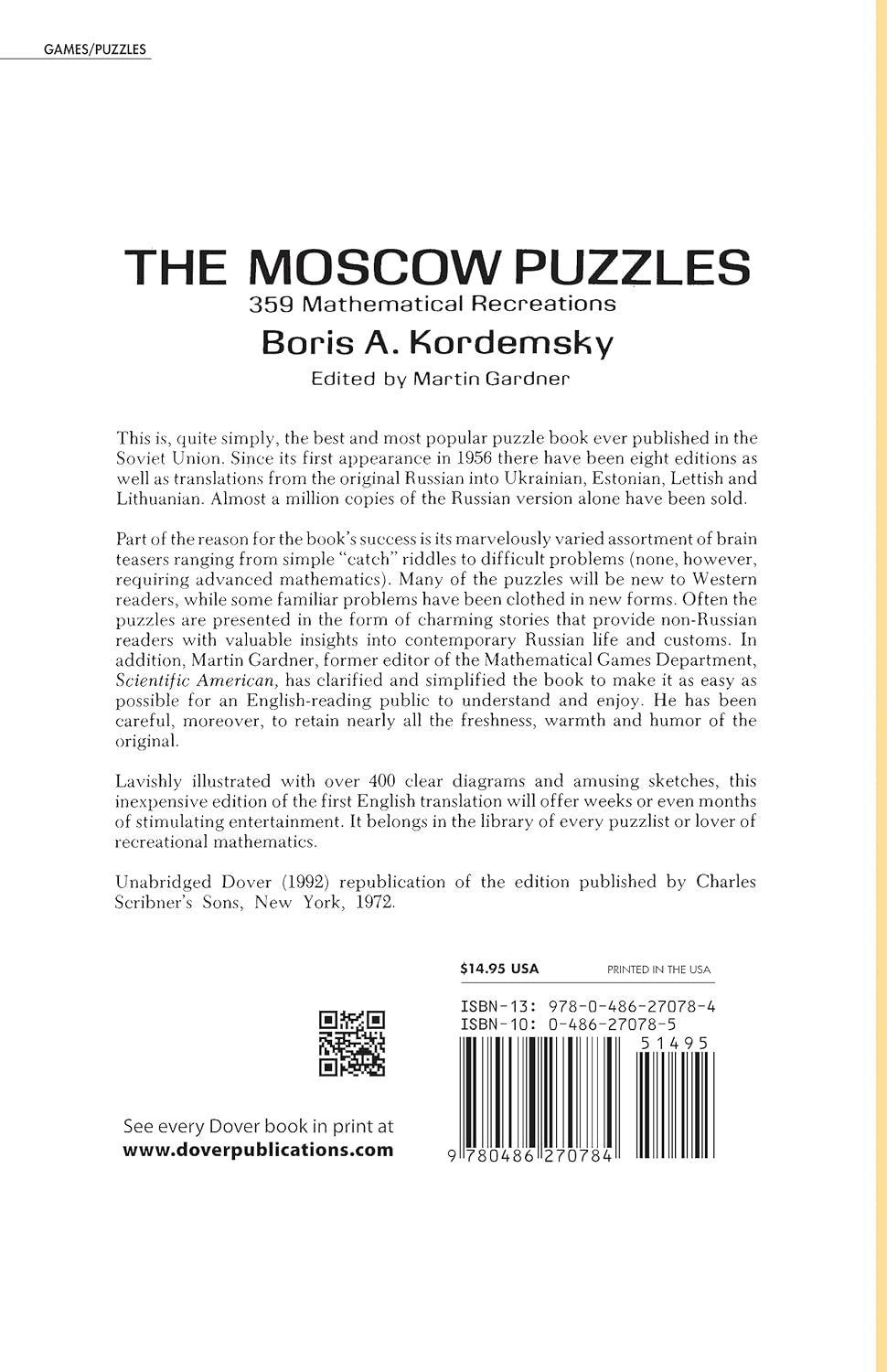 The Moscow Puzzles: 359 Mathematical Recreations (Dover Math Games & Puzzles)
