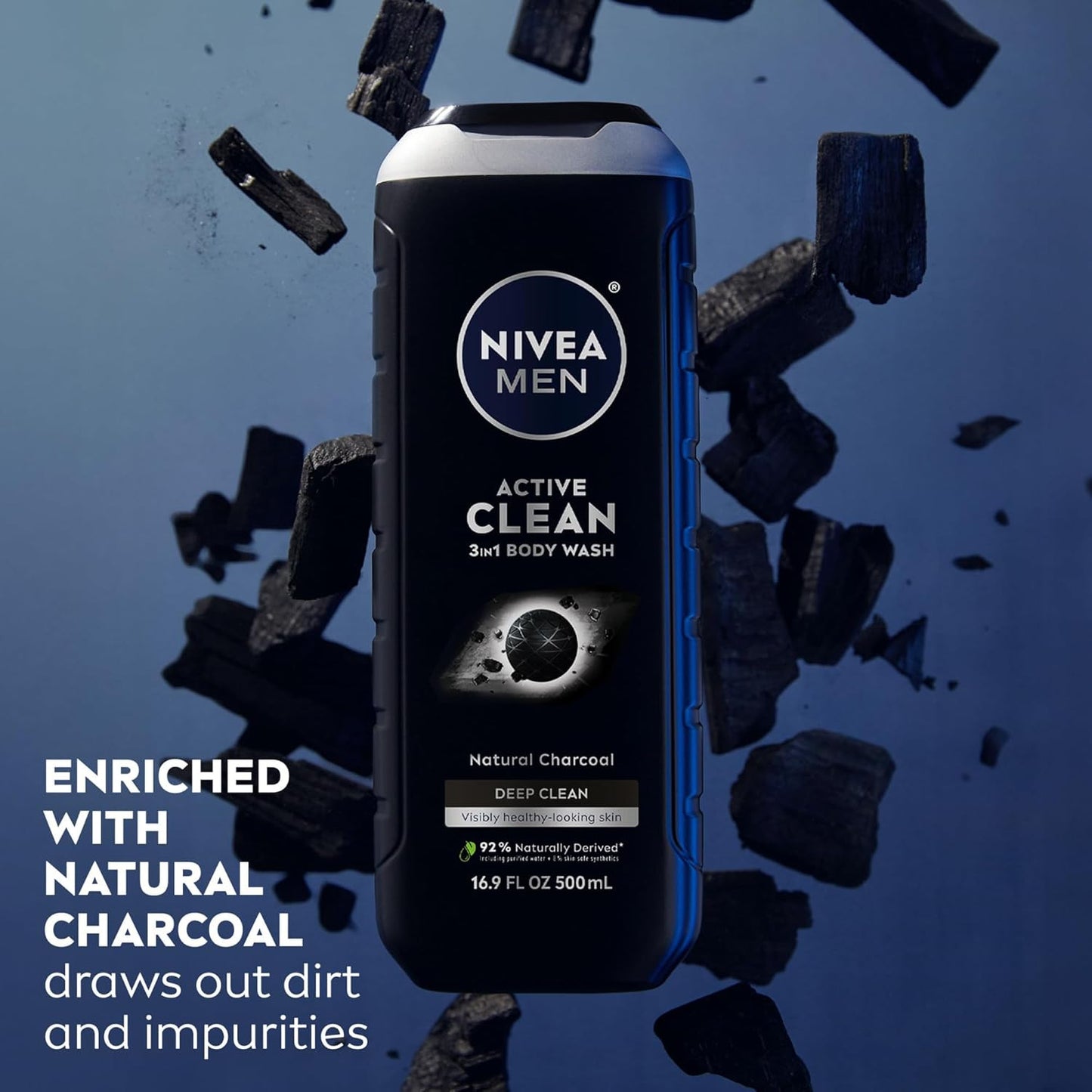 Active Clean Body Wash with Natural Charcoal for Normal to Oily Skin, 3-In-1 Cha