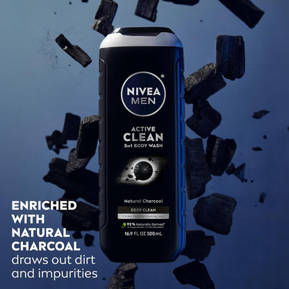 Active Clean Body Wash with Natural Charcoal for Normal to Oily Skin, 3-In-1 Cha