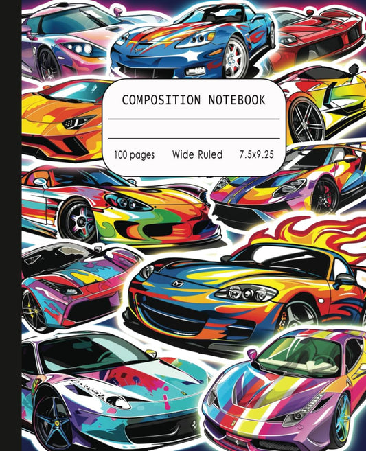 Wide Ruled Composition Notebook: Sports Car Aesthetic. Preppy Lined Journal. Bac