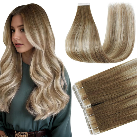 Tape in Human Hair Extensions Color 3/8/22 Brown and Blonde Tape in Hair Extensi