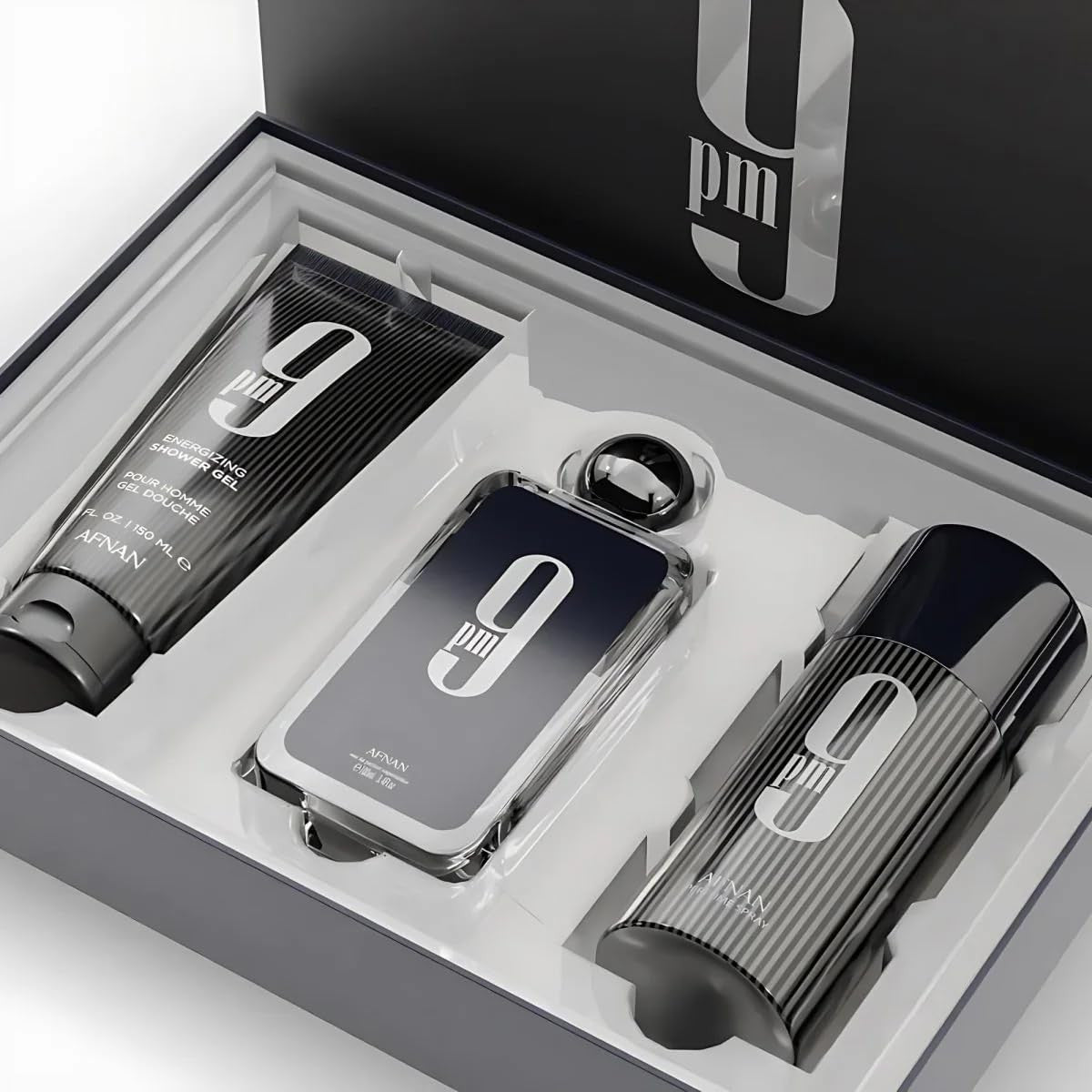 9 Pm 3 Piece Set for Men, (3.4 Oz De Parfum Eau De Parfum Spray + 5.0 Oz Shower