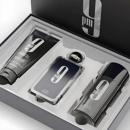 9 Pm 3 Piece Set for Men, (3.4 Oz De Parfum Eau De Parfum Spray + 5.0 Oz Shower