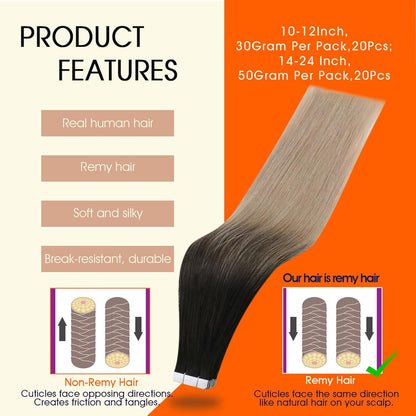 Tape in Extensions Black Ombre Ash Blonde 16 Inch Double Sided Tape in Hair Exte