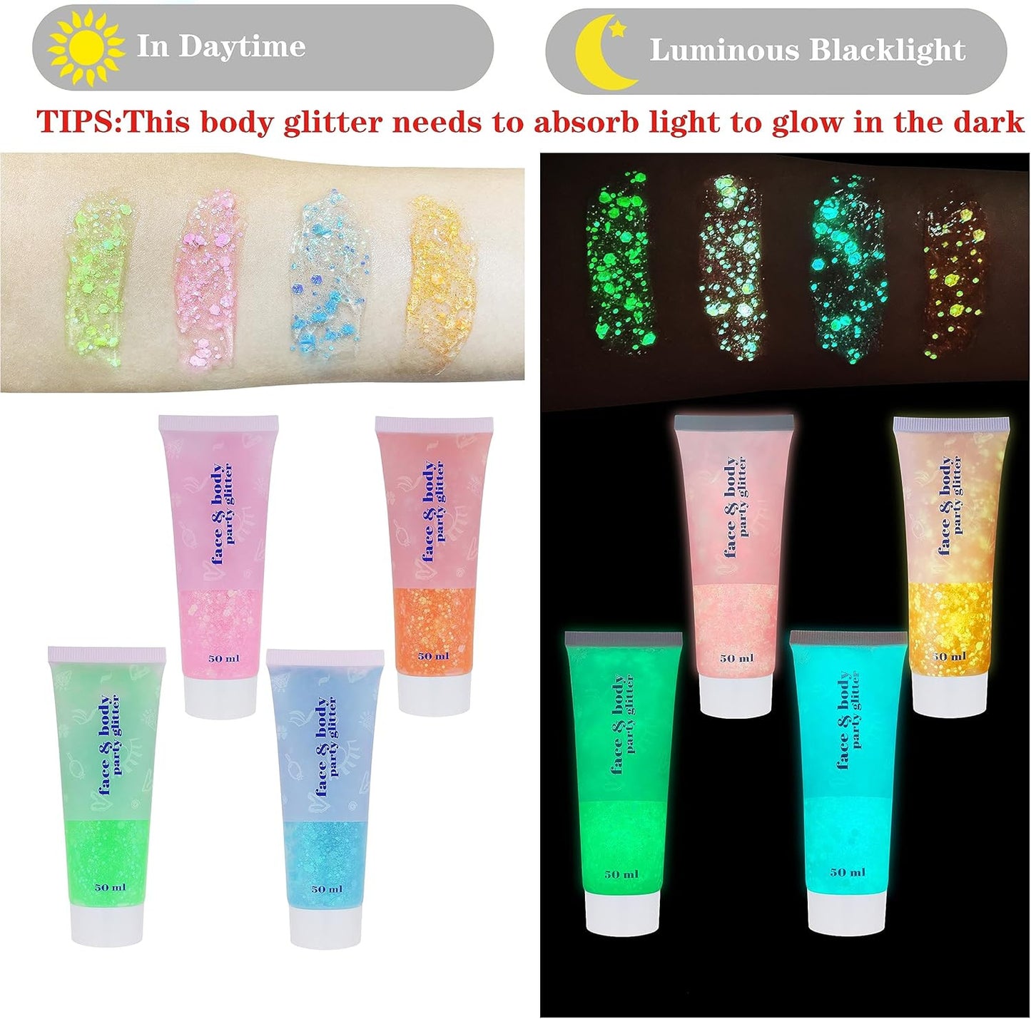 Neon Pink Body Glitter Gel,Uv Blacklight Chunky Face Glitter Gel,Glow in the Dar