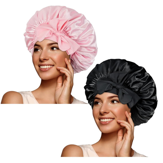 2Pcs Pack Satin Bonnet Silk Bonnet for Sleeping Hair Bonnet with Tie Band Sleep