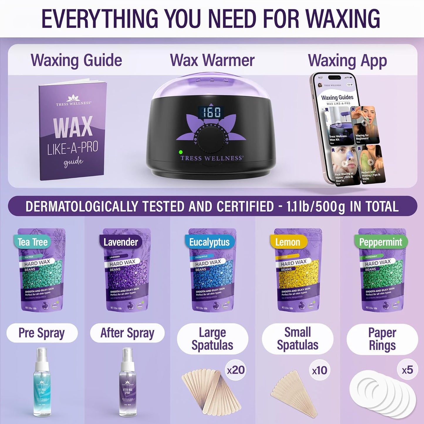 Waxing Kit for Sensitive Skin, Safe for Face & Skin, Prep & Aftercare Spray, Eas