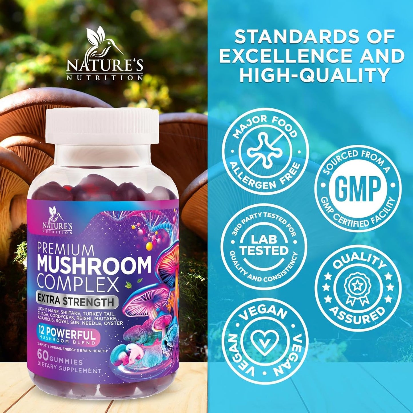 Mushroom Supplement Gummies - 12 in 1 with Lions Mane, Reishi, Cordyceps, Chaga