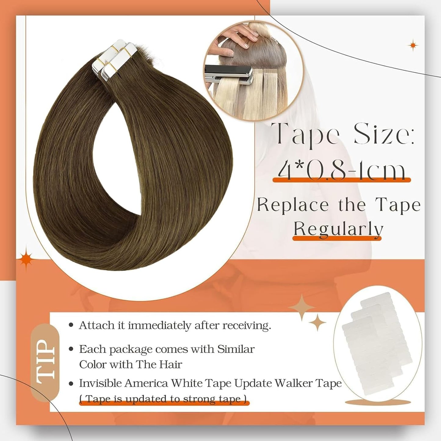 Tape in Hair Extensions Seamless Tape Ins Human Hair Extensions Color 3 Brown Ha