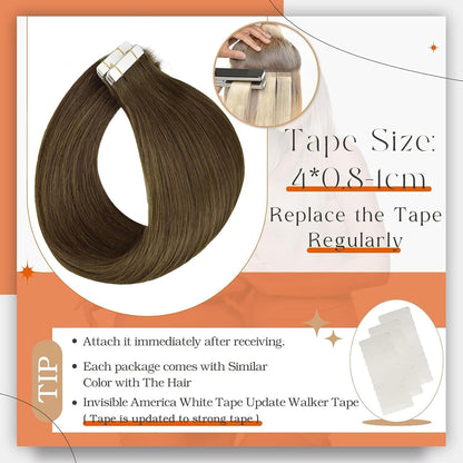 Tape in Hair Extensions Seamless Tape Ins Human Hair Extensions Color 3 Brown Ha