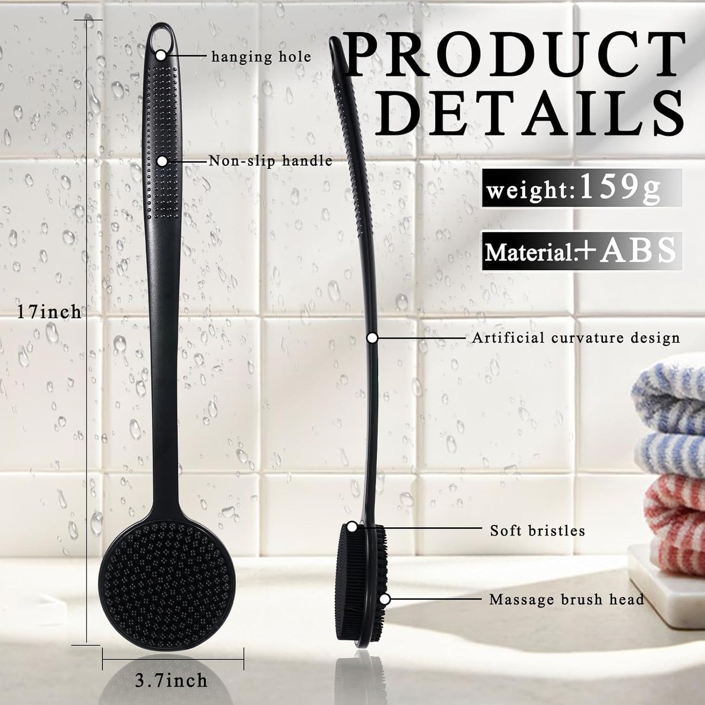 2 Pack Back Scrubber for Shower, 17In Lengthen Long Handle Body Brush, Double Si