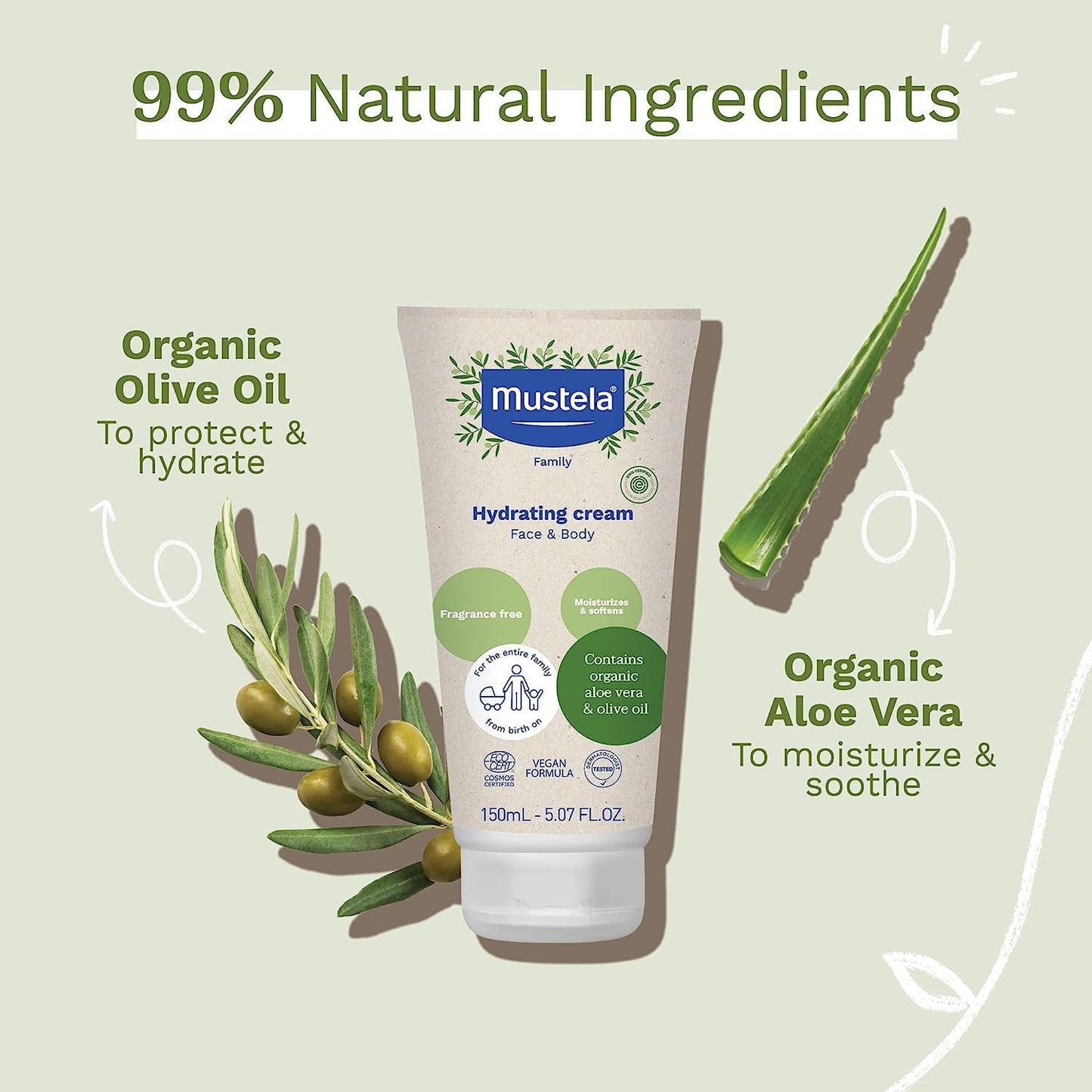 Mustela Certified Organic Hydrating Cream - Natural Body Lotion W/ Olive Oil, Al