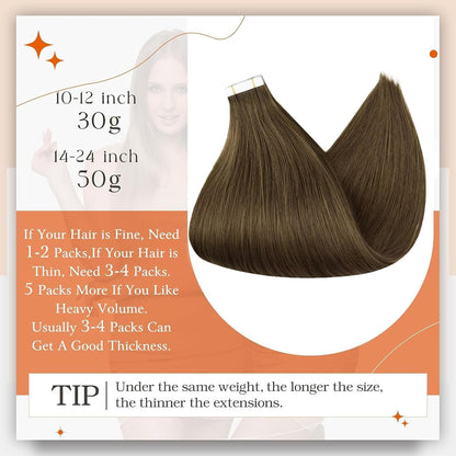Tape in Hair Extensions Seamless Tape Ins Human Hair Extensions Color 3 Brown Ha