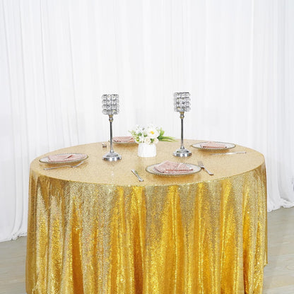 120" round Sequin Tablecloth, Thick Not See through Gold Table Cloth for Wedding
